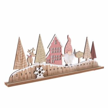 Calendar de advent din lemn cu elf roz , 45 x 17 x4 cm