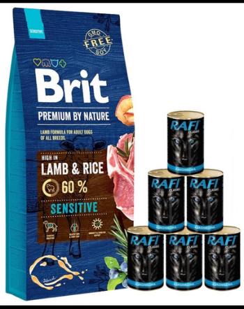 BRIT Premium By Nature Sensitive Lamb 15 kg + hrana cu miel 6x1240g