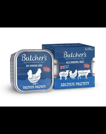 BUTCHER'S Original Pateu suculent Arome mixte cu ficat sau rinichi 4x150 g pateu cu carne de vită, cu miel și pui pentru câini