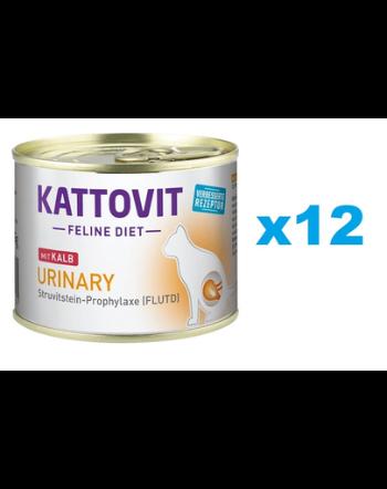 KATTOVIT Feline Diet Urinary hrana umeda dietetica pentru pisici in prevenirea pietrelor struvit, cu vitel 12 x 185 g