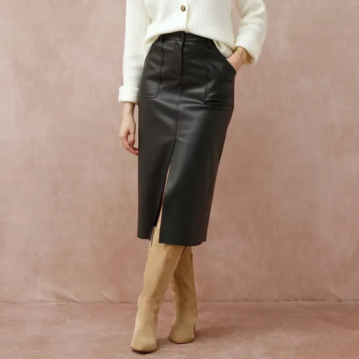 Fustă midi cu buzunare și crăpătură frontală, din imitație de piele