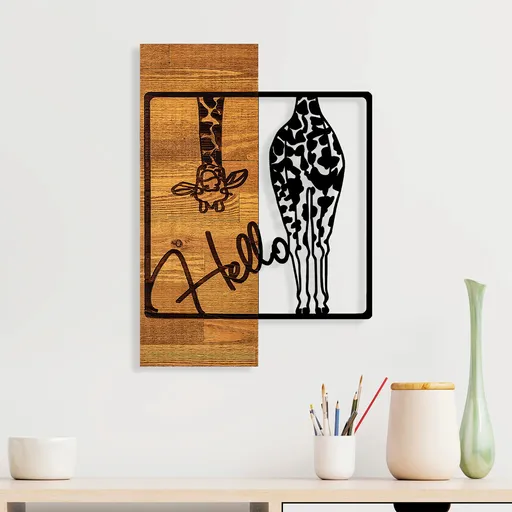 Decoratiune de perete, Hello, Dimensiune: 35 x 3 x 50 cm, Negru / Nuc deschis