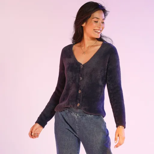 Pulover cu gât rotund, jacquard cu blană