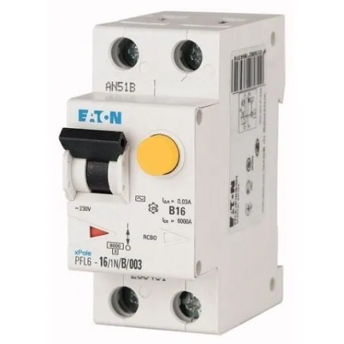 Siguranta diferentiala RCBO Eaton 286433, 1P+N, 30mA, 25A, 6KA, curba B, tip AC