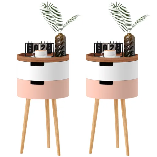 HOMCOM Set de 2 Mese Totunde de Cafea cu 3 Niveluri, 2 Spații de Depozitare și Tavă Detașabilă, Φ35x65,5 cm, Multicolor | Aosom Romania