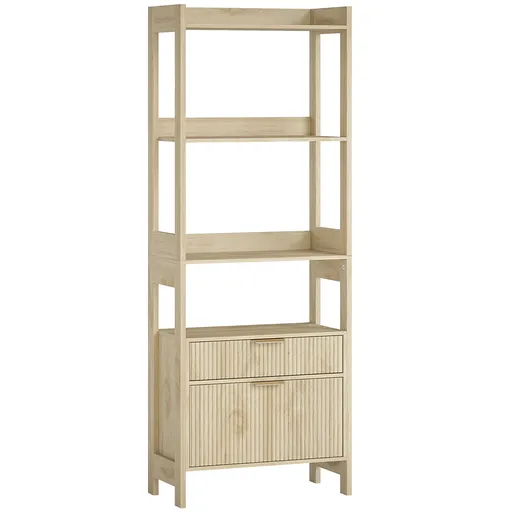 HOMCOM Bibliotecă înaltă, corp de depozitare cu 4 rafturi deschise și 2 sertare canelate, 60 x 30 x 160 cm, lemn natural | Aosom Romania
