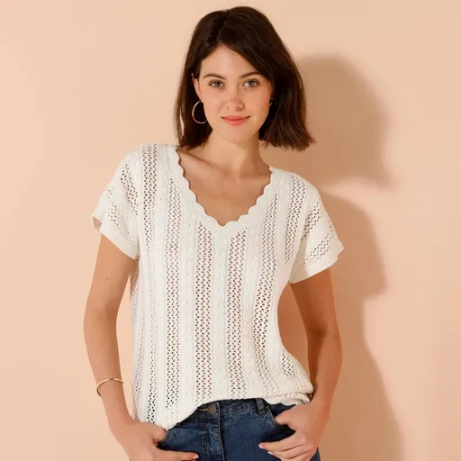 Bluză cu decolteu în V, din dantelă tricotată