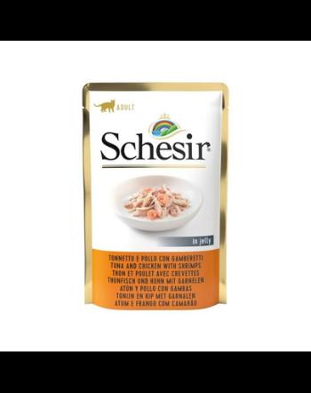 SCHESIR Jelly Adult Tuna&amp;Chicken&amp;Shrimps 85g ton, pui si creveti in aspic, hrana pisica