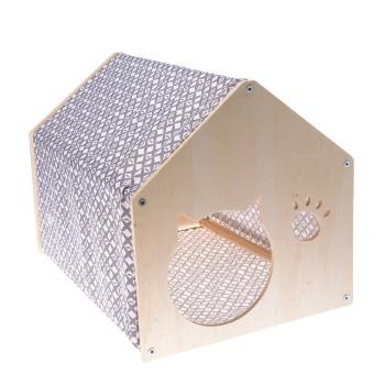 Casă pentru pisici din lemn cu țesătură gri, 51,5x 39,5 x 38 cm