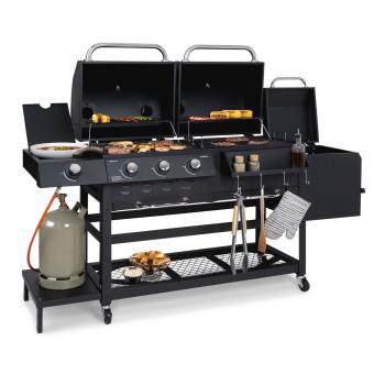 Klarstein Kingsville Smoker, grătar combinat, gaz, cărbune, afumător cu cărbune, 13,5 kW, 3+1 arzătoare, negru