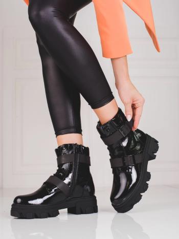 Cizme de gleznă negre trendy pentru femei pe toc plat