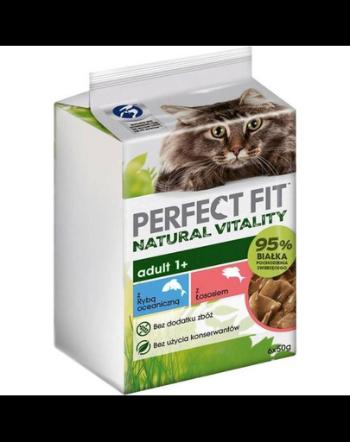 PERFECT FIT Natural Vitality Adult 1+ Fish 6x50g pliculete cu peste oceanic si somon in sos pentru pisici