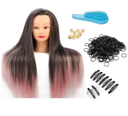 Kit Coafor Pink pentru Exersarea Impletiturilor, Cap Manechin Colorat cu Suport de Prindere