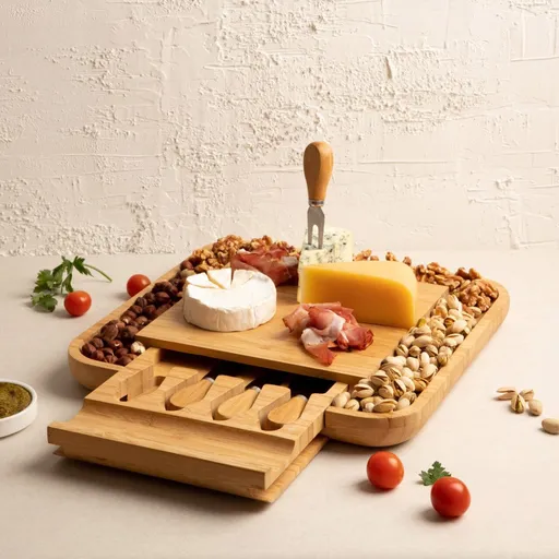 Platou servire cu 4 cutite Rumi, Homla, 32x32 cm, bambus/inox, natur