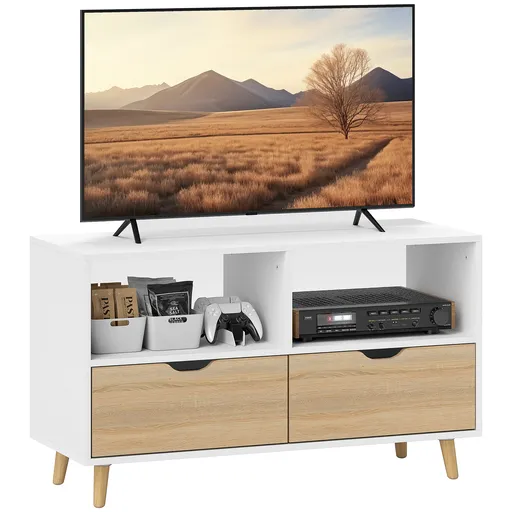HOMCOM TV-bench, TV-kommod cu sertare, rafturi deschise, lemn, 99 x 39 x 58 cm, Alb | Aosom Romania