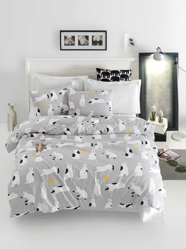 Lenjerie de pat dubla Super King (US) (ES), L'essentiel Maison, Liana, Gri / Alb / Negru / Galben