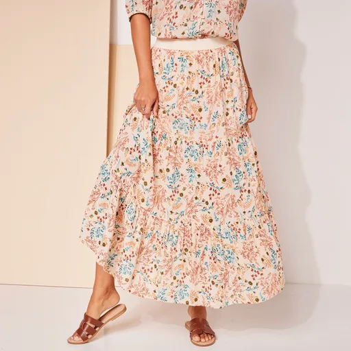 Fustă lungă cu volane și imprimeu floral, crepon
