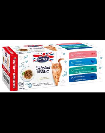 BUTCHER'S Delicious Dinners Cat Jumbo Pack Fish selection in Jelly 40x100 g bucati somonpastrav, peste oceanic, eglefin pentru pisici, in aspic