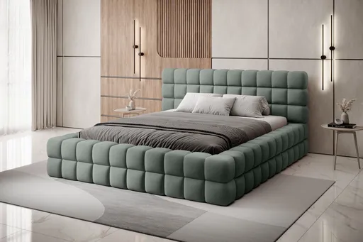 Pat tapitat cu somiera si lada depozitare, 140x200 cm, ELTAP, BE-DIZ-MET-100TOU, Dizzle, metal/poliester, verde menta