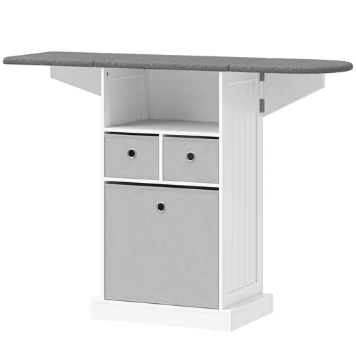 HOMCOM Dulap cu Masă de Călcat Pliabil Economisitor de Spațiu, Dulap Multifuncțional cu 3 Sertare din Material Textil Aspect In, Roți Cu Frână, Raft D