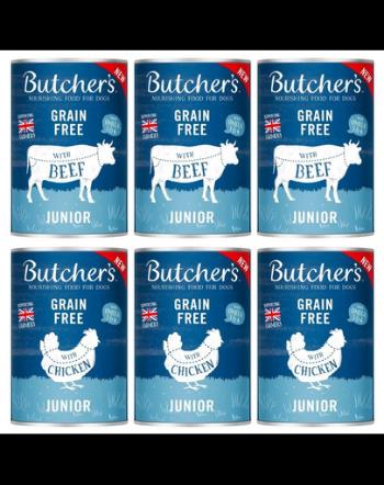 BUTCHER'S Original Junior Mix arome pentru catei 6x400g bucati vita si pui in aspic