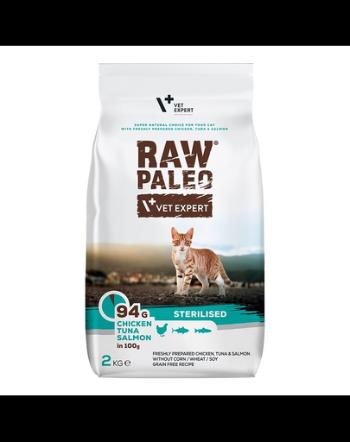 VETEXPERT Raw Paleo  Sterilised Chicken&amp;Tuna&amp;Salmon Hrana uscata pentru pisici sterilizate 2 kg