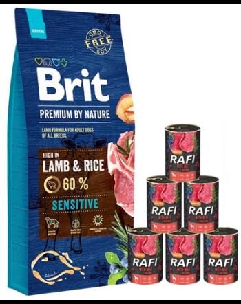 BRIT Premium By Nature Sensitive Lamb 15 kg + hrana umeda cu vita 6x400 g