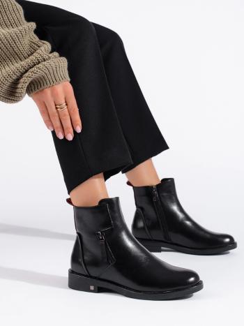 Cizme de gleznă negre trendy pentru femei pe toc plat