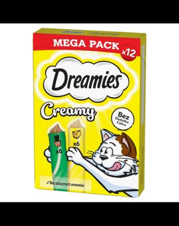 DREAMIES Creamy MEGA PACK 12x10 g gustari pentru pisici cu branza si iarba matei