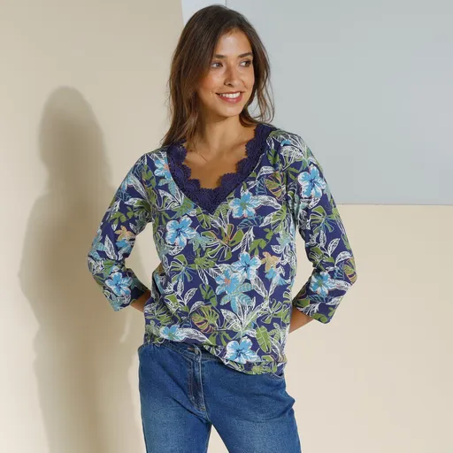 Tricou cu mâneci 3/4 și dantelă