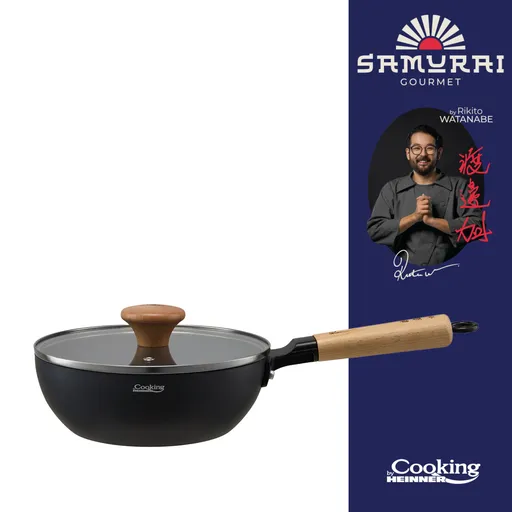 Tigaie Wok cu capac, Samurai Gourmet by Rikito Watanabe si Cooking by Heinner, 20x7 cm, aluminiu, negru/natur