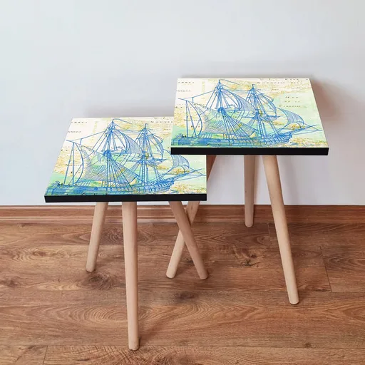 Set masute 2 piese, Hanah Home, 2Shp315, Bleumarin / Verde / Bej