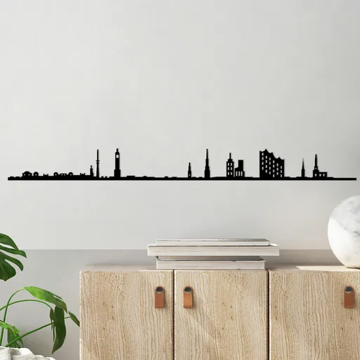 Decoratiune de perete, Hamburg Skyline, Dimensiune: 120 x 0,15 x 11 cm, Negru