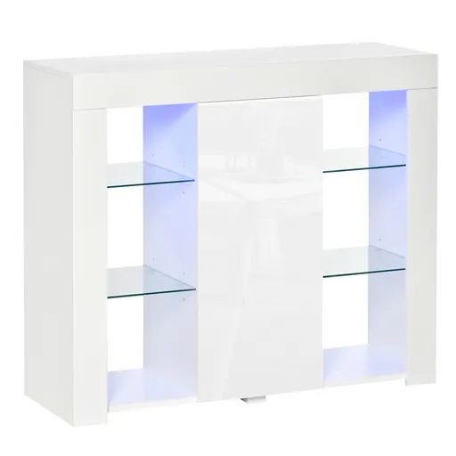 HOMCOM Bufet Modern cu Usa si Lumini LED cu Finisaj Lucios si Rafturi din Sticla, Dulap Mutifunctional 97x35x83cm, Alb Modern | Aosom Romania