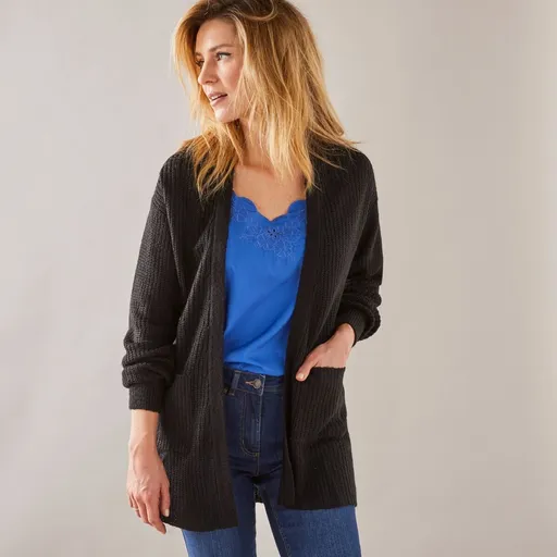 Cardigan lung fără închidere, model tricotat neted