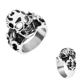 Prsteň z chirurgickej ocele striebornej farby, patinovaná lebka, Fleur de Lis - Veľkosť: 62 mm