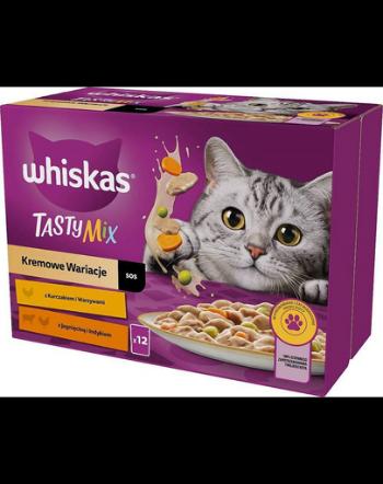 WHISKAS Adult plicuri in sos 12x85g Creamy Variations pentru pisici adulte cu: pui si legume, miel si curcan