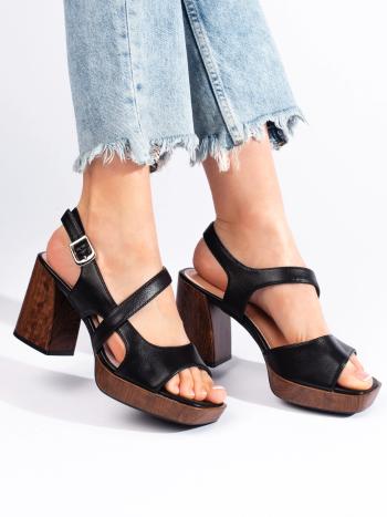 Sandale negre confortabile pentru femei pe un toc larg