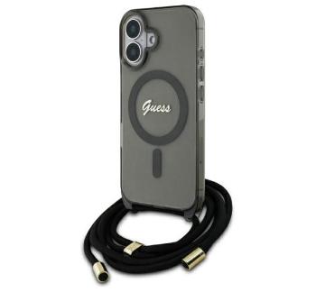 Guess Crossbody Cord Script iPhone 16 MagSafe hátlap tok karpánttal, fekete GUHMP16SHCTSGNSK