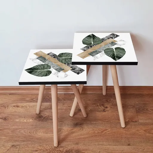 Set masute 2 piese, Hanah Home, 2Shp385, Alb / Verde / Bej / Negru