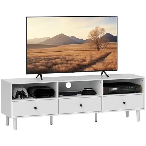 HOMCOM Mobilier TV pentru până la 75" cu 3 sertare, 3 rafturi deschise și pas-cablu, 140 x 34 x 45 cm, alb | Aosom Romania