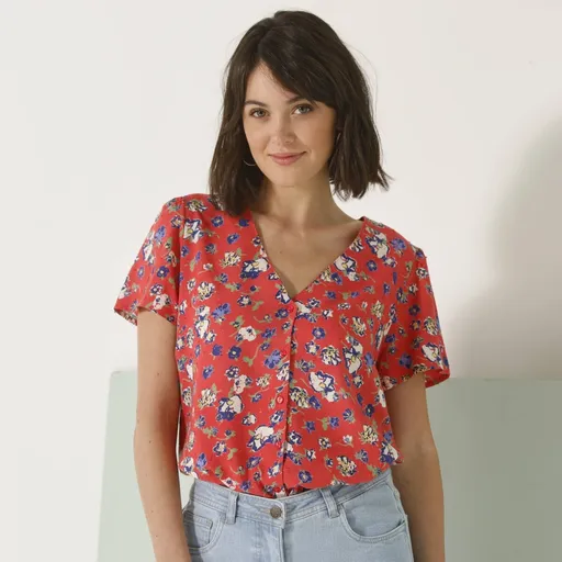 Bluză cămașă cu model floral și broderie