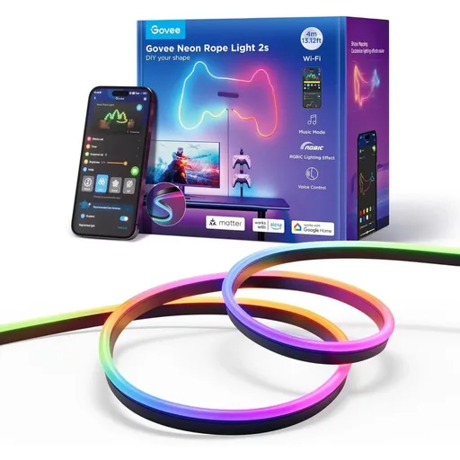 Banda LED Govee Neon Rope 2 H61D4-B RGBIC, Inteligenta, 4m, Sincronizare Muzica, Matter, Wifi, Alexa, Google Asistant -negru