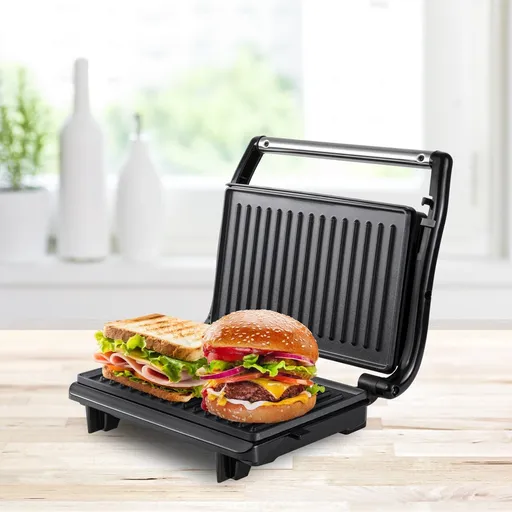 Grill electric reglabil Beper, 26.5x23x8.5 cm, 800 W, aluminiu/plastic/metal, negru/argintiu