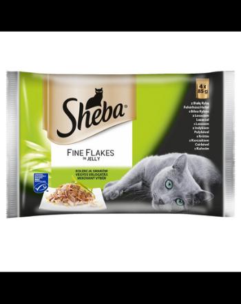 SHEBA Fine Flakes in Jelly Hrana umeda cu pește alb, somon, curcan și pui pentru pisici adulte 52 x 85 g