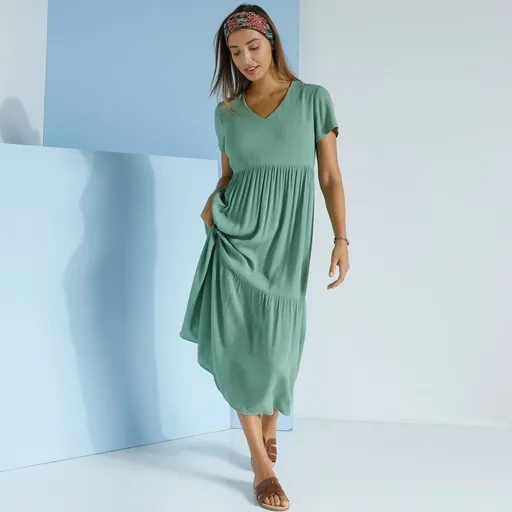 Crepon rochie lungă monocromă cu decolteu în V