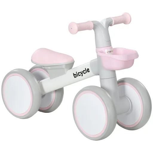 AIYAPLAY Bicicletă de echilibru pentru copii 4 roți șa reglabilă, ghidon ergonomic aliaj aluminiu PP, copii 1-3 ani - Gri Alb Roz | Aosom Romania