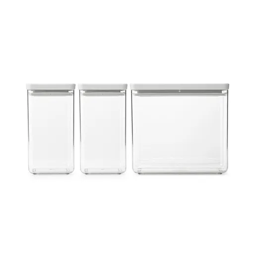 Cutii de depozitare Brabantia Tasty+ stivuibile 1008880, 2x1.6L+1x3.5L, Fara BPA, închidere strânsă, Gri deschis