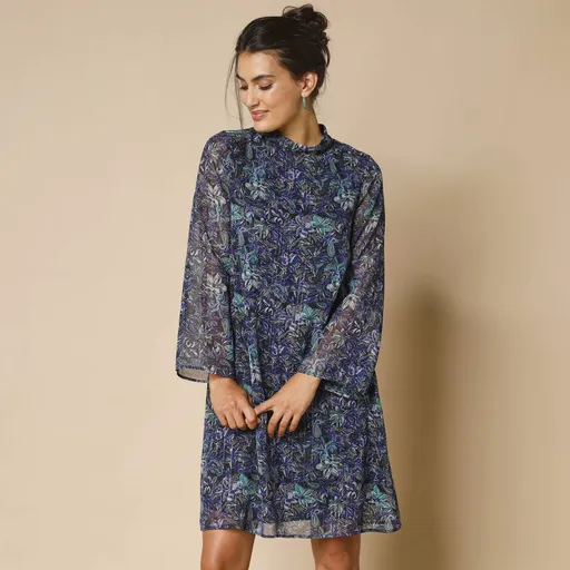 Rochie scurtă evazată cu imprimeu, voal cu fir strălucitor