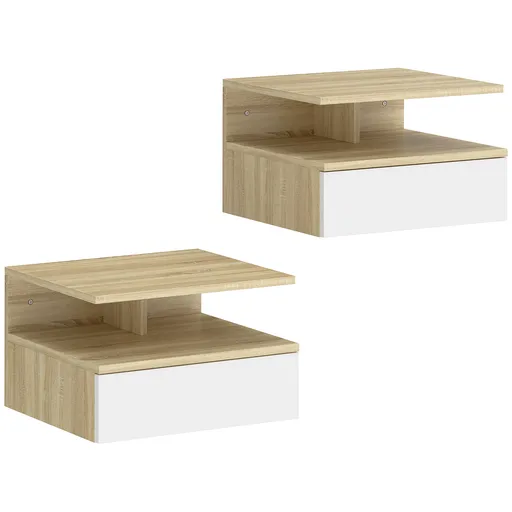 HOMCOM Set de 2 Noptiere Suspendate cu Sertar și Poliță Superioară, Noptiere Moderne din Lemn, 35x32x22.5 cm, Lemn Natural | Aosom Romania